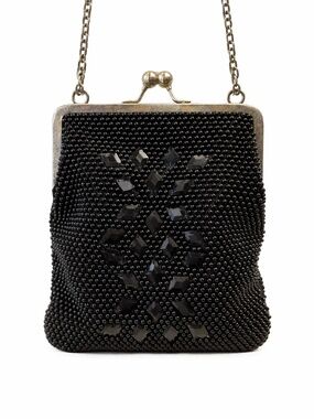 Vintage 1950 ‘Fine Arts Bag Co’ Black Beaded Kiss & Lock Frame Handbag — EUC